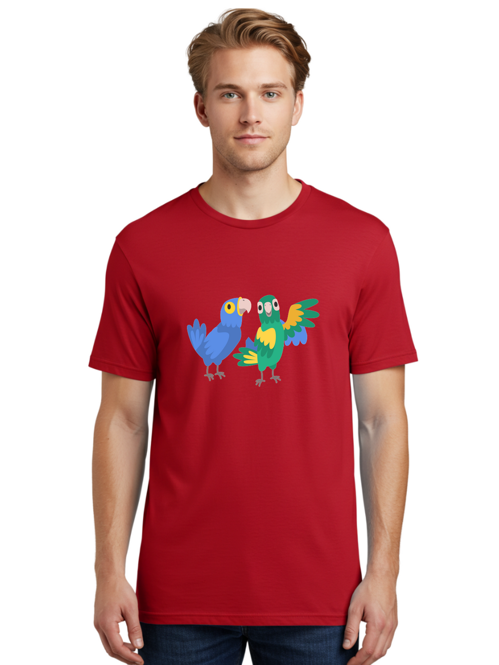 Blue-And-Green-Parrot Men'S Graphic Tee, 100% Cotton, Comfortable Casual Summer Wear, Machine Washable, Cartoon Parrots, Colorful Birds, Blue Parrot, Green Parrot, Yellow Accents, Bird Illustration, Vibrant Feathers, Talking Birds, Aab820