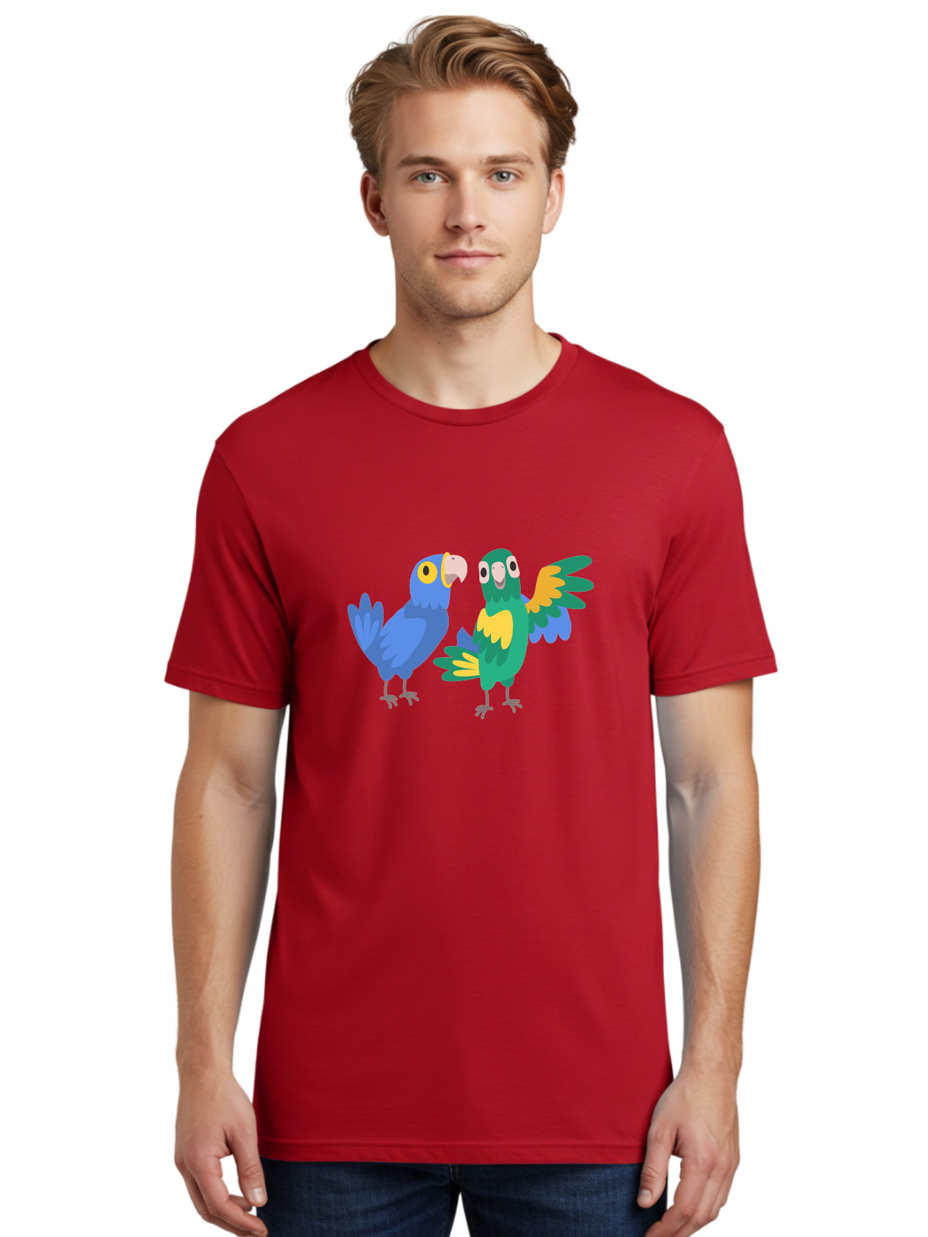 Blue-And-Green-Parrot Men'S Graphic Tee, 100% Cotton, Comfortable Casual Summer Wear, Machine Washable, Cartoon Parrots, Colorful Birds, Blue Parrot, Green Parrot, Yellow Accents, Bird Illustration, Vibrant Feathers, Talking Birds, Aab820