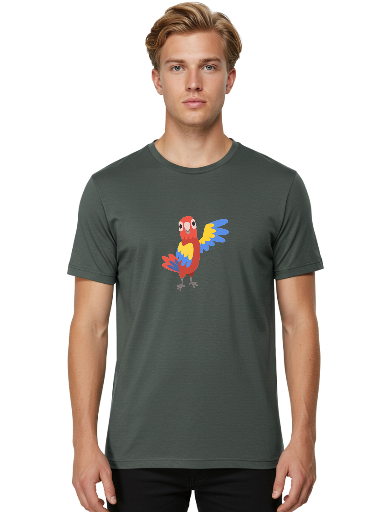 Colorful-Macaw Men'S Graphic Tee, 100% Cotton, Comfortable Casual Summer Wear, Machine Washable, Cartoon Parrot, Colorful Bird, Red, Yellow, Blue Feathers, Vibrant Plumage, Playful Design, Simple Illustration, Cartoon Character Aab823