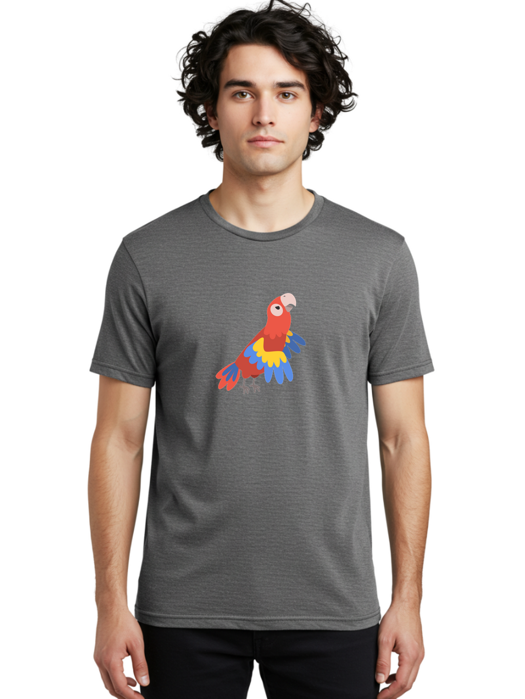 Colorful-Parrot-1 Men'S Graphic Tee, 100% Cotton, Comfortable Casual Summer Wear, Machine Washable, Colorful Parrot, Macaw Bird, Vibrant Plumage, Red, Blue, And Yellow Feathers, Tropical Bird, Cartoon Illustration, Playful Design, Aab824