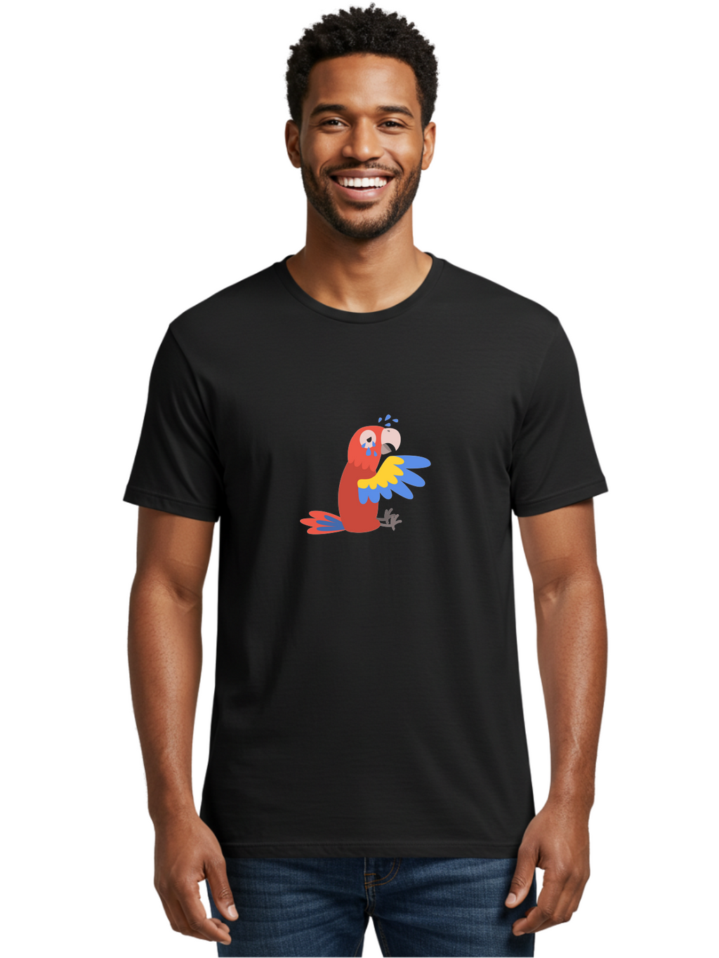 Crying-Parrot Men'S Graphic Tee, 100% Cotton, Comfortable Casual Summer Wear, Machine Washable, Sad Parrot, Crying Bird, Vibrant Feathers, Colorful Wings, Emotional Expression, Cartoon Style, Blue Tears, Yellow And Blue Wings, Red Plumage Aab828