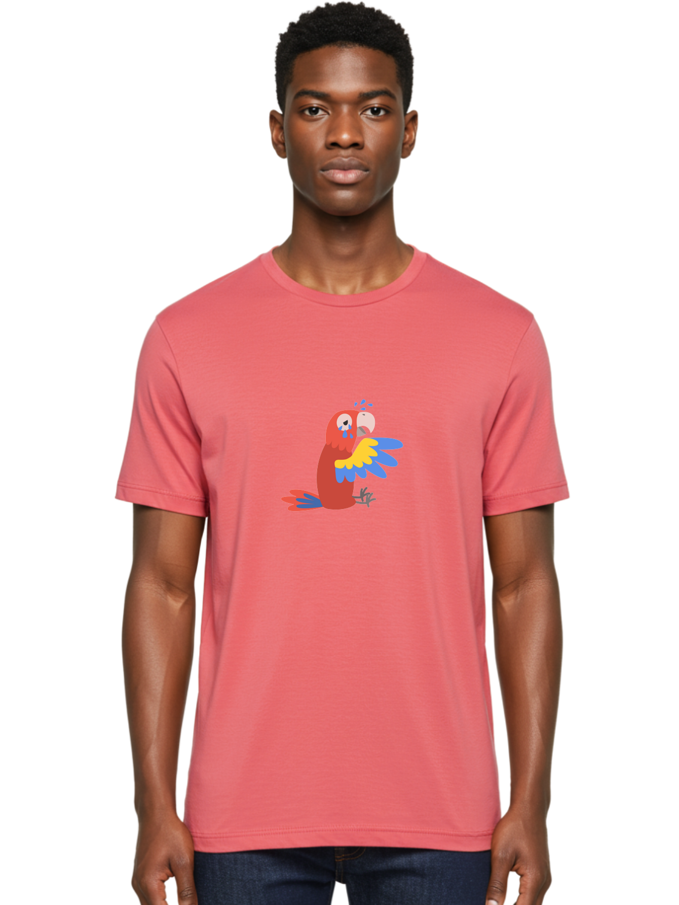 Crying-Parrot Men'S Graphic Tee, 100% Cotton, Comfortable Casual Summer Wear, Machine Washable, Sad Parrot, Crying Bird, Vibrant Feathers, Colorful Wings, Emotional Expression, Cartoon Style, Blue Tears, Yellow And Blue Wings, Red Plumage Aab828