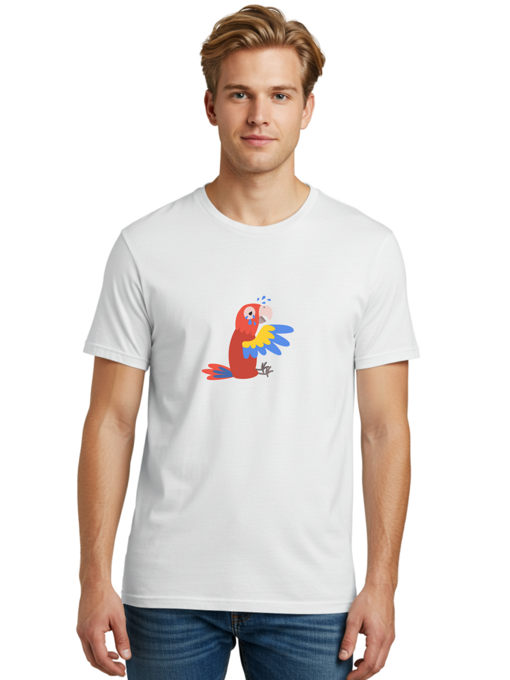 Crying-Parrot Men'S Graphic Tee, 100% Cotton, Comfortable Casual Summer Wear, Machine Washable, Sad Parrot, Crying Bird, Vibrant Feathers, Colorful Wings, Emotional Expression, Cartoon Style, Blue Tears, Yellow And Blue Wings, Red Plumage Aab828