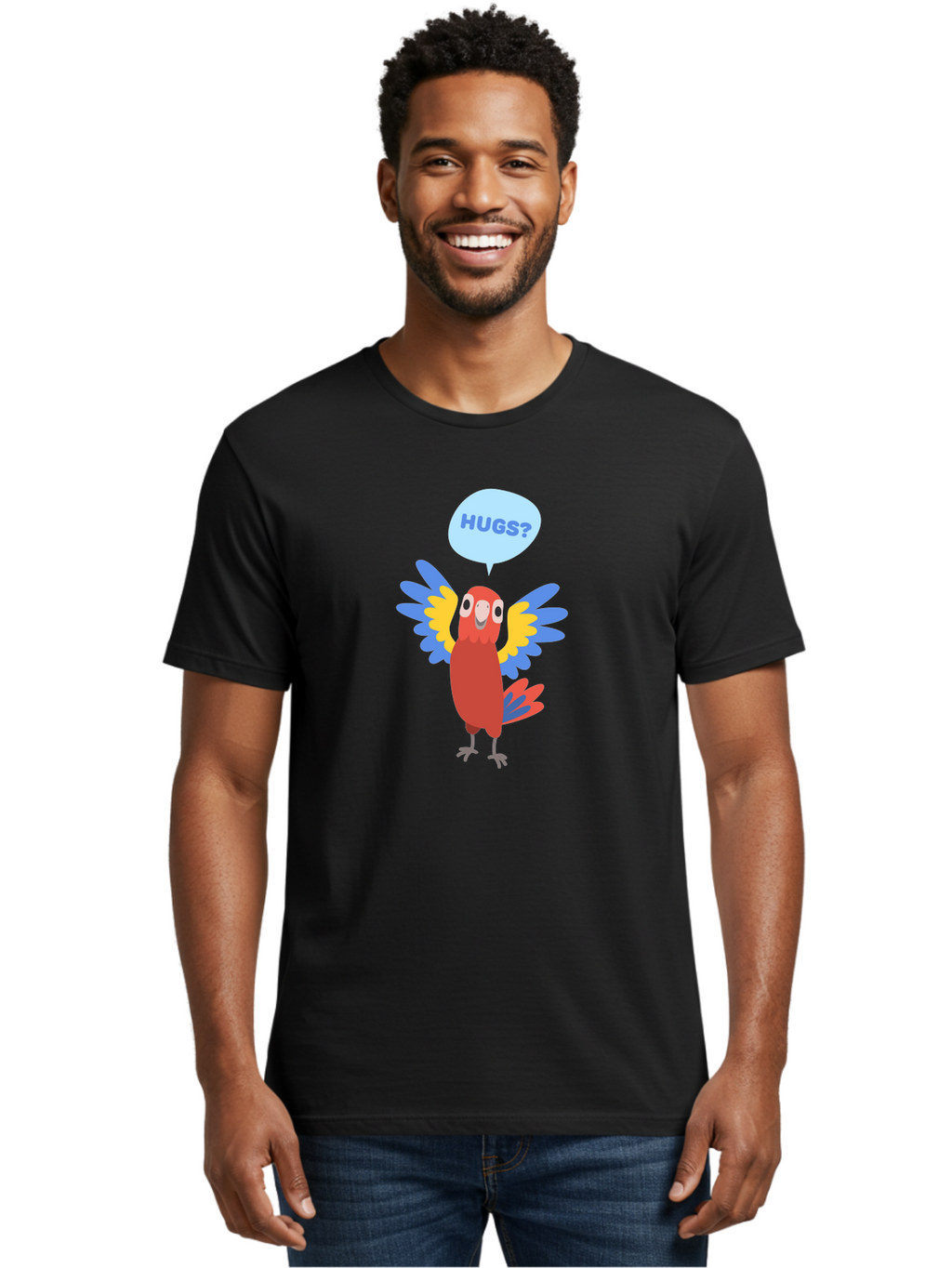 Hugs Men'S Graphic Tee, 100% Cotton, Comfortable Casual Summer Wear, Machine Washable, Cute Cartoon Parrot, Colorful Parrot, Bird Giving Hugs, Affectionate Animal, Adorable Creature, Vibrant Feathers, Friendly Parrot, Hugs, Aab832