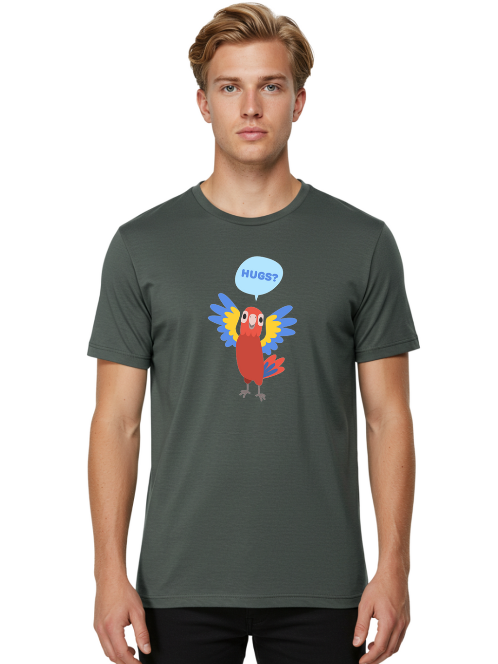 Hugs Men'S Graphic Tee, 100% Cotton, Comfortable Casual Summer Wear, Machine Washable, Cute Cartoon Parrot, Colorful Parrot, Bird Giving Hugs, Affectionate Animal, Adorable Creature, Vibrant Feathers, Friendly Parrot, Hugs, Aab832