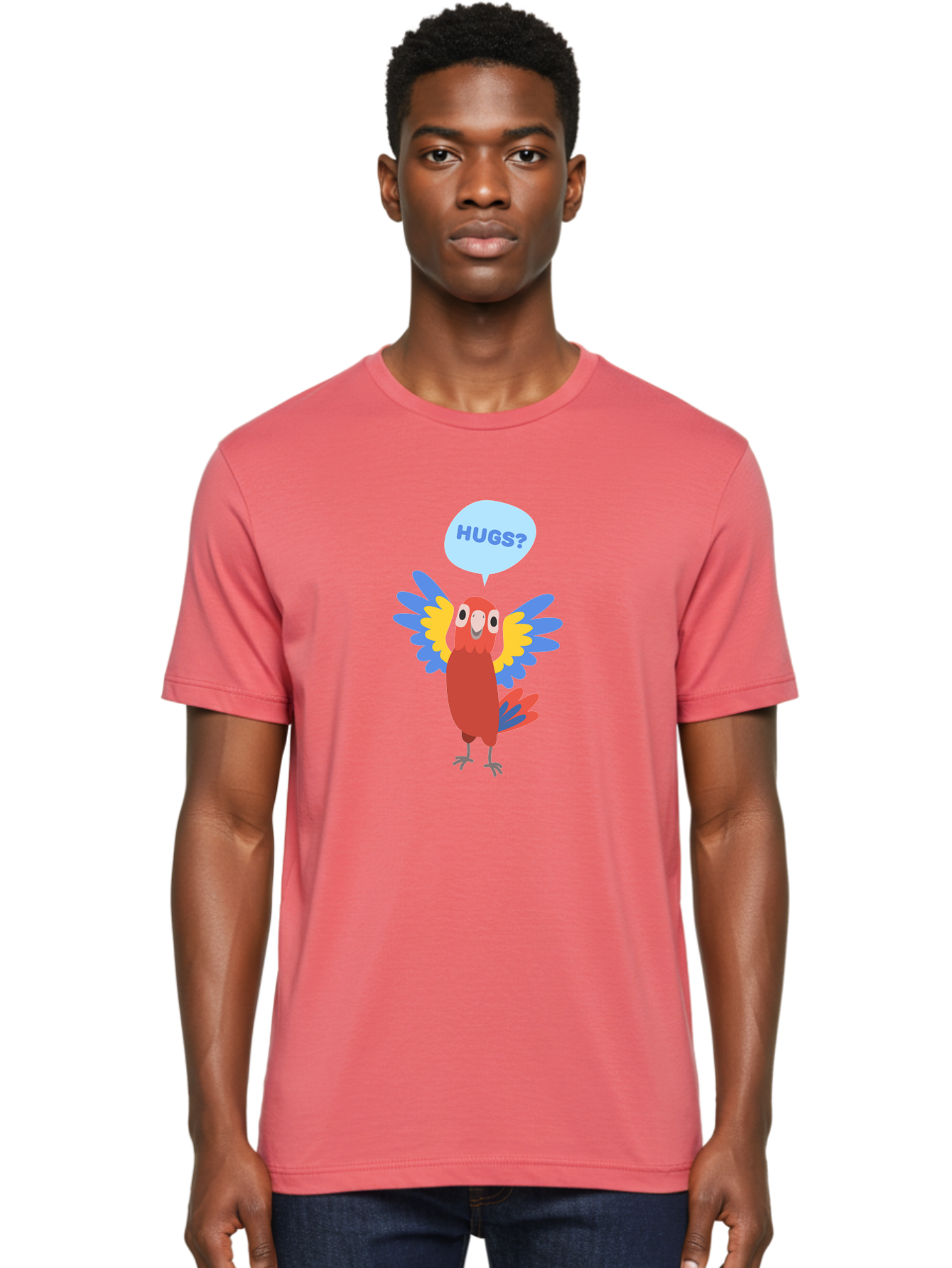 Hugs Men'S Graphic Tee, 100% Cotton, Comfortable Casual Summer Wear, Machine Washable, Cute Cartoon Parrot, Colorful Parrot, Bird Giving Hugs, Affectionate Animal, Adorable Creature, Vibrant Feathers, Friendly Parrot, Hugs, Aab832