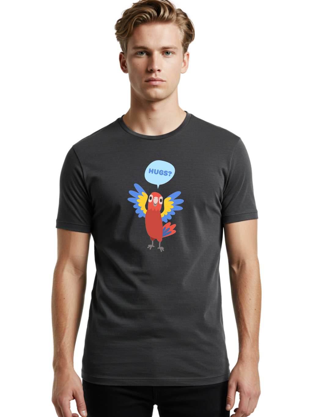 Hugs Men'S Graphic Tee, 100% Cotton, Comfortable Casual Summer Wear, Machine Washable, Cute Cartoon Parrot, Colorful Parrot, Bird Giving Hugs, Affectionate Animal, Adorable Creature, Vibrant Feathers, Friendly Parrot, Hugs, Aab832