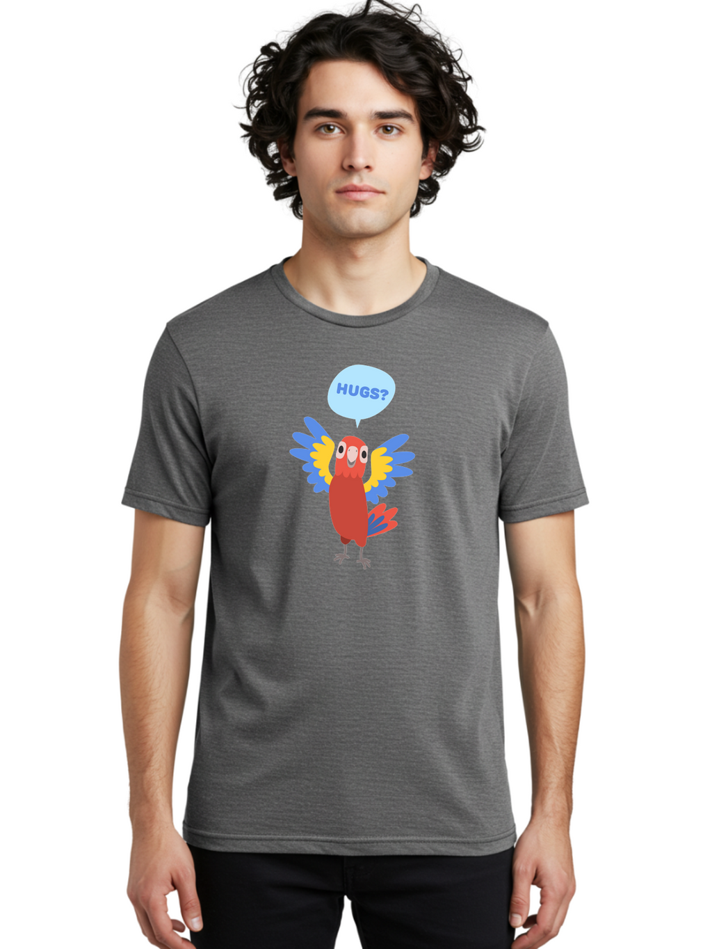 Hugs Men'S Graphic Tee, 100% Cotton, Comfortable Casual Summer Wear, Machine Washable, Cute Cartoon Parrot, Colorful Parrot, Bird Giving Hugs, Affectionate Animal, Adorable Creature, Vibrant Feathers, Friendly Parrot, Hugs, Aab832