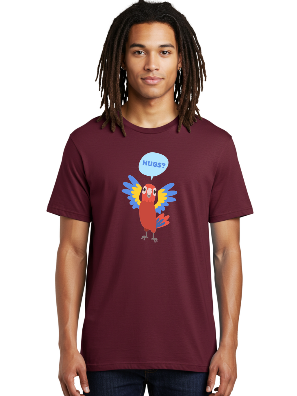 Hugs Men'S Graphic Tee, 100% Cotton, Comfortable Casual Summer Wear, Machine Washable, Cute Cartoon Parrot, Colorful Parrot, Bird Giving Hugs, Affectionate Animal, Adorable Creature, Vibrant Feathers, Friendly Parrot, Hugs, Aab832