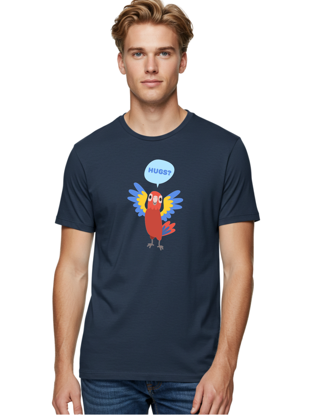 Hugs Men'S Graphic Tee, 100% Cotton, Comfortable Casual Summer Wear, Machine Washable, Cute Cartoon Parrot, Colorful Parrot, Bird Giving Hugs, Affectionate Animal, Adorable Creature, Vibrant Feathers, Friendly Parrot, Hugs, Aab832