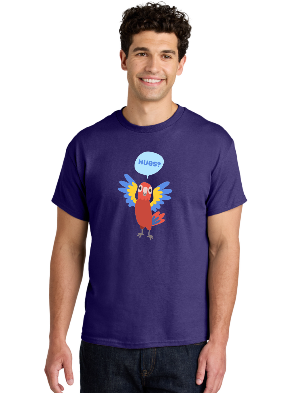 Hugs Men'S Graphic Tee, 100% Cotton, Comfortable Casual Summer Wear, Machine Washable, Cute Cartoon Parrot, Colorful Parrot, Bird Giving Hugs, Affectionate Animal, Adorable Creature, Vibrant Feathers, Friendly Parrot, Hugs, Aab832