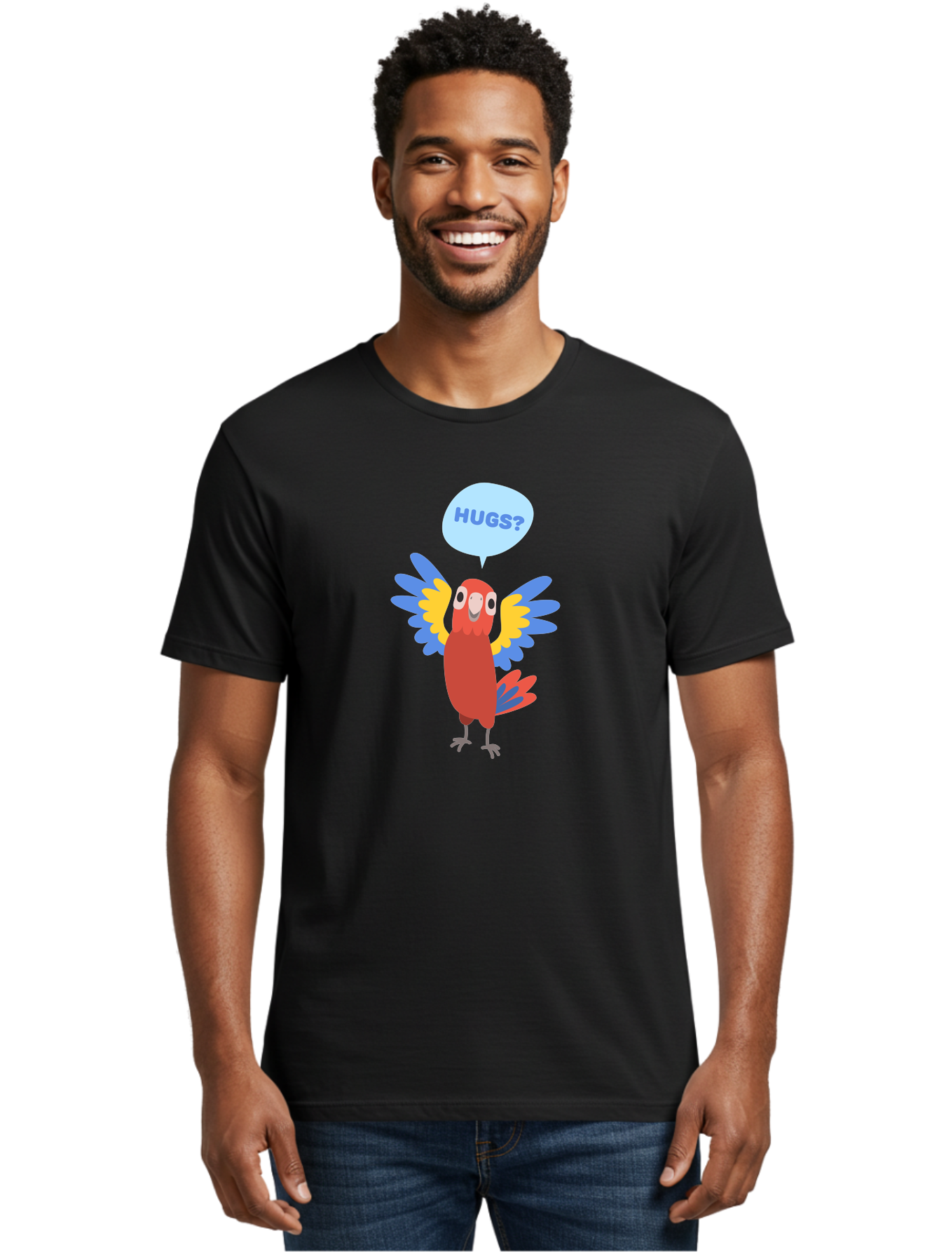 Hugs Men'S Graphic Tee, 100% Cotton, Comfortable Casual Summer Wear, Machine Washable, Cartoon Parrot, Colorful Bird, Hugs, Cute Animal, Funny Illustration, Red Parrot, Blue And Yellow Wings, Friendly Creature, Emotional Support, Aab833