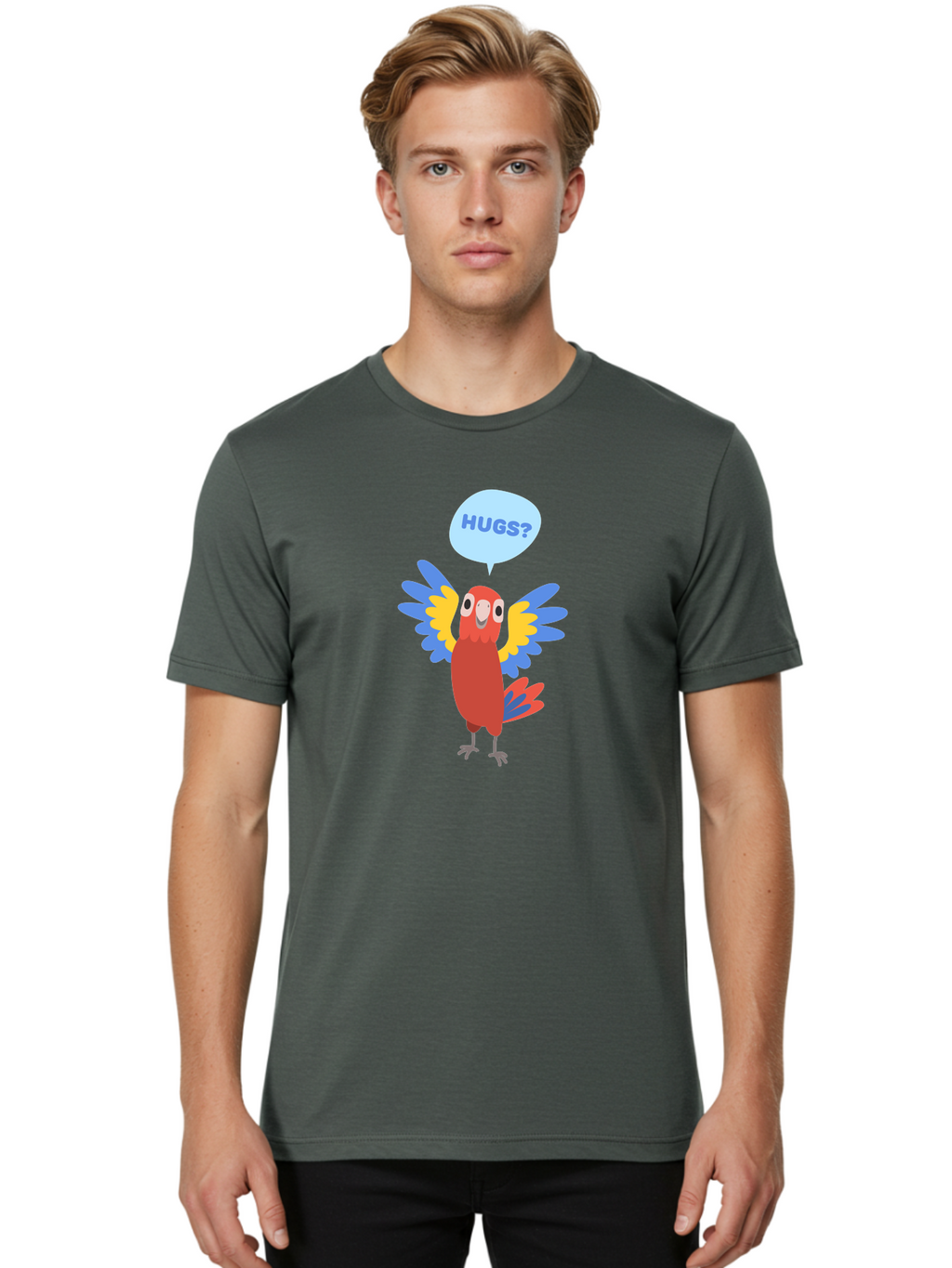 Hugs Men'S Graphic Tee, 100% Cotton, Comfortable Casual Summer Wear, Machine Washable, Cartoon Parrot, Colorful Bird, Hugs, Cute Animal, Funny Illustration, Red Parrot, Blue And Yellow Wings, Friendly Creature, Emotional Support, Aab833