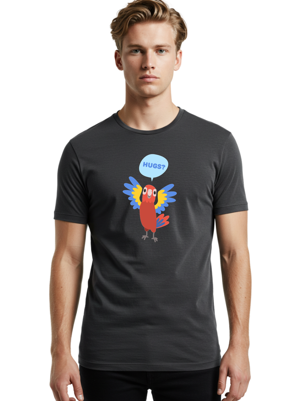 Hugs Men'S Graphic Tee, 100% Cotton, Comfortable Casual Summer Wear, Machine Washable, Cartoon Parrot, Colorful Bird, Hugs, Cute Animal, Funny Illustration, Red Parrot, Blue And Yellow Wings, Friendly Creature, Emotional Support, Aab833