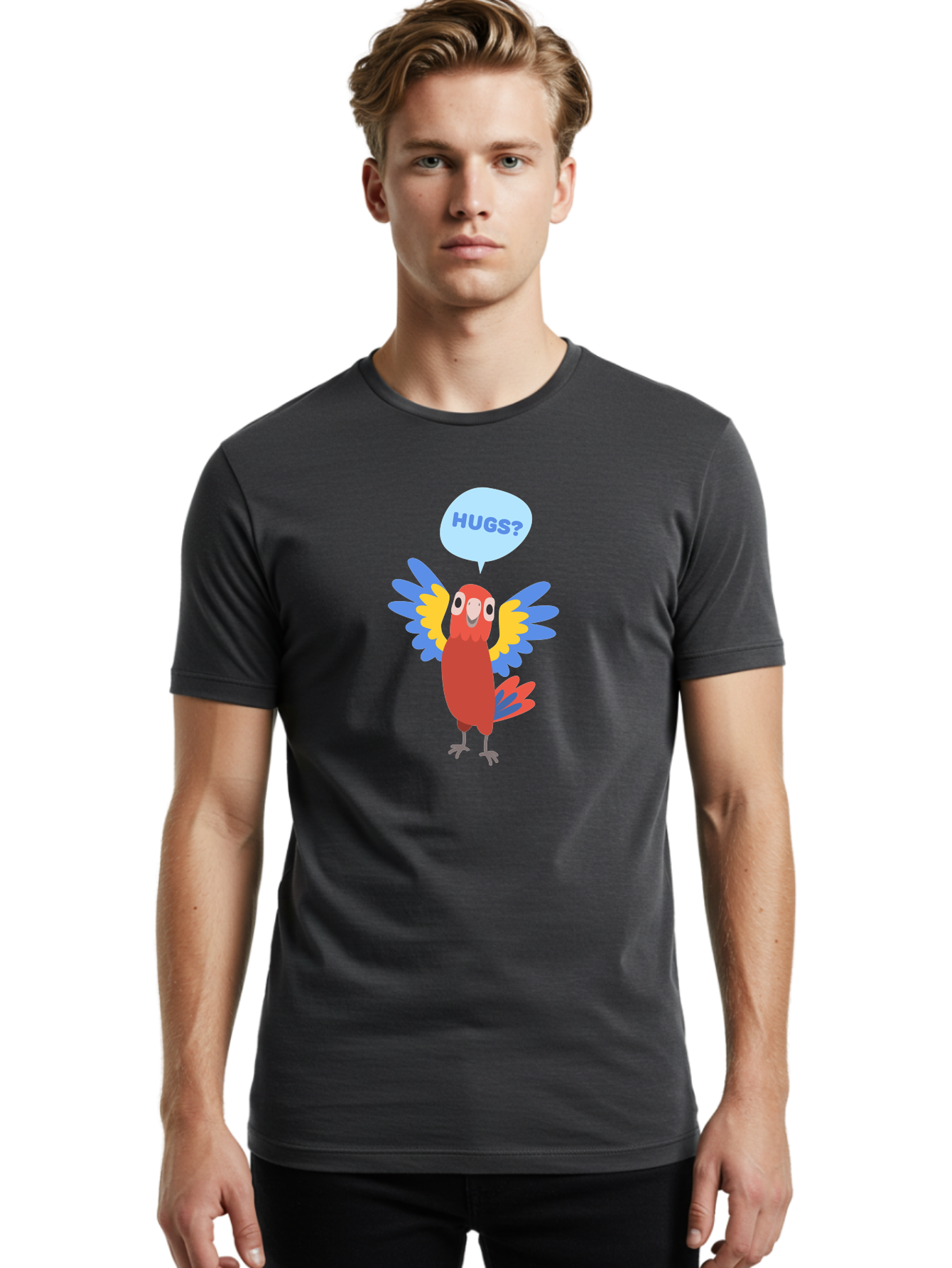 Hugs Men'S Graphic Tee, 100% Cotton, Comfortable Casual Summer Wear, Machine Washable, Cartoon Parrot, Colorful Bird, Hugs, Cute Animal, Funny Illustration, Red Parrot, Blue And Yellow Wings, Friendly Creature, Emotional Support, Aab833