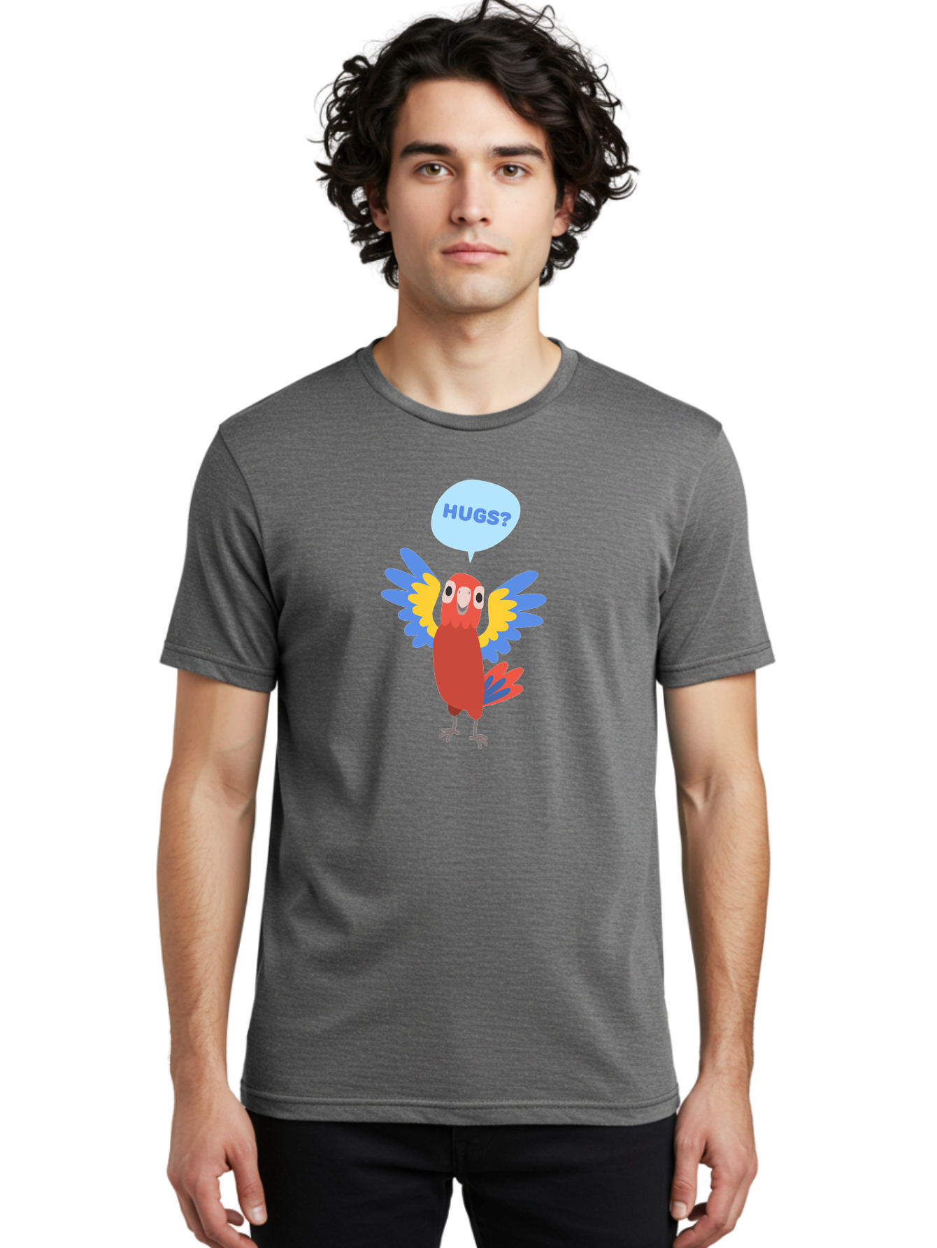 Hugs Men'S Graphic Tee, 100% Cotton, Comfortable Casual Summer Wear, Machine Washable, Cartoon Parrot, Colorful Bird, Hugs, Cute Animal, Funny Illustration, Red Parrot, Blue And Yellow Wings, Friendly Creature, Emotional Support, Aab833