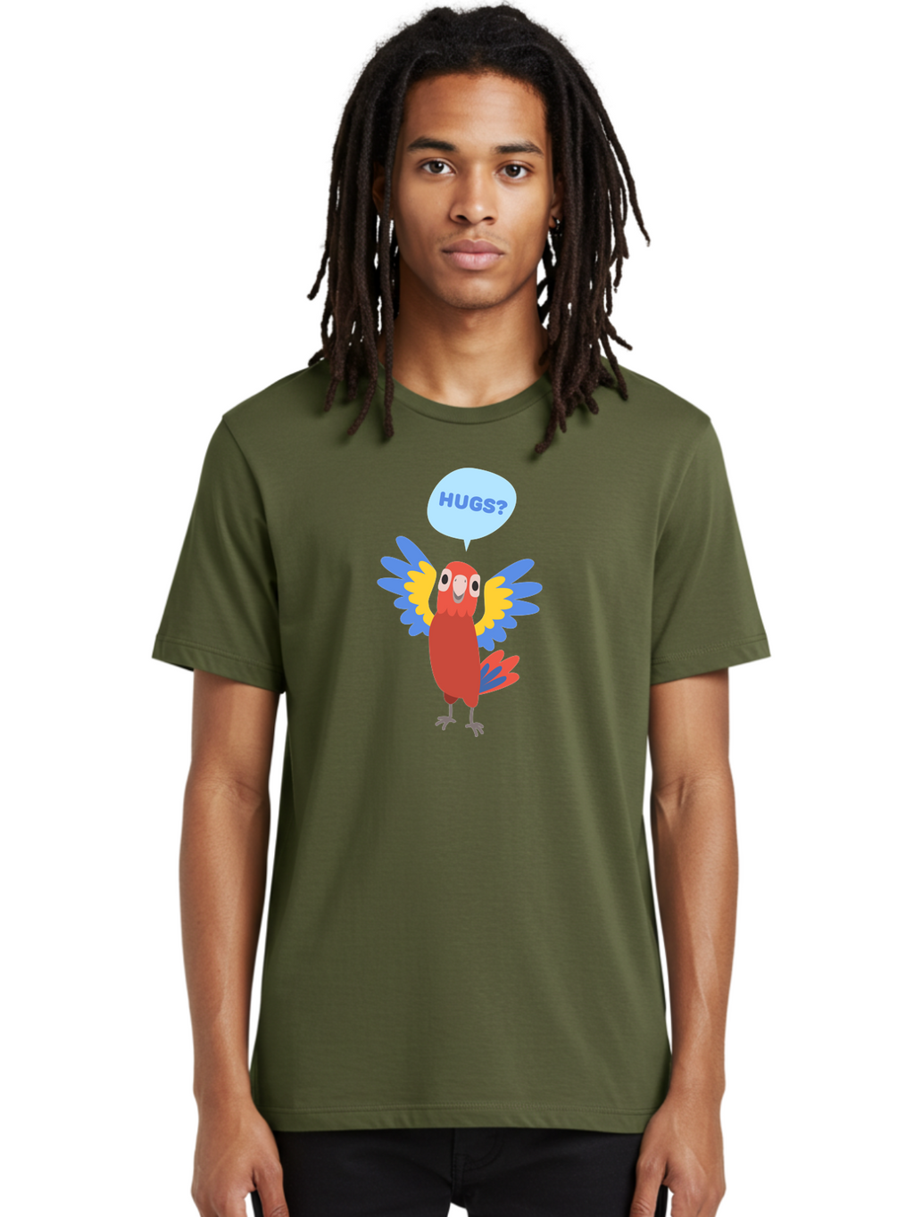 Hugs Men'S Graphic Tee, 100% Cotton, Comfortable Casual Summer Wear, Machine Washable, Cartoon Parrot, Colorful Bird, Hugs, Cute Animal, Funny Illustration, Red Parrot, Blue And Yellow Wings, Friendly Creature, Emotional Support, Aab833