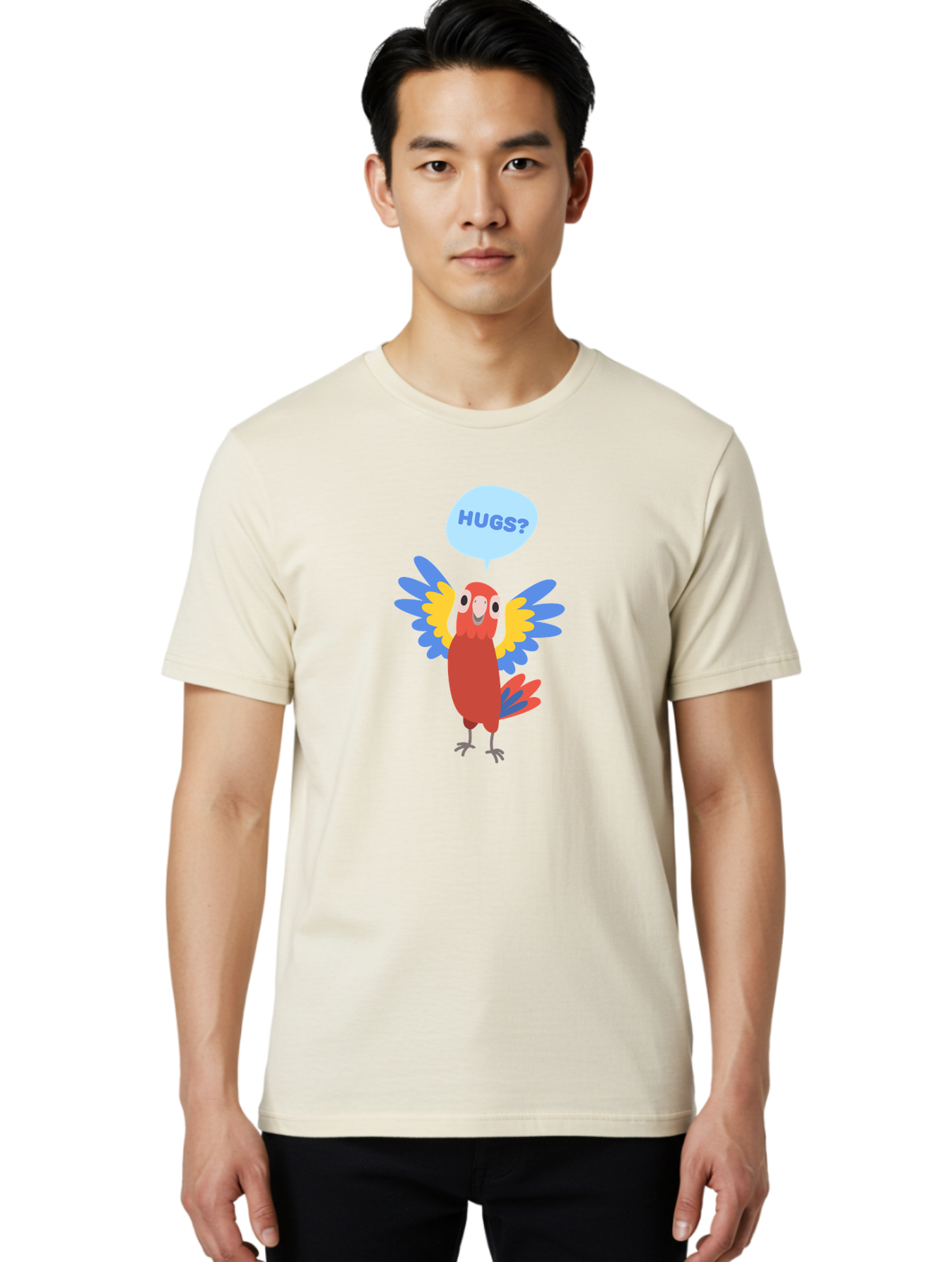 Hugs Men'S Graphic Tee, 100% Cotton, Comfortable Casual Summer Wear, Machine Washable, Cartoon Parrot, Colorful Bird, Hugs, Cute Animal, Funny Illustration, Red Parrot, Blue And Yellow Wings, Friendly Creature, Emotional Support, Aab833
