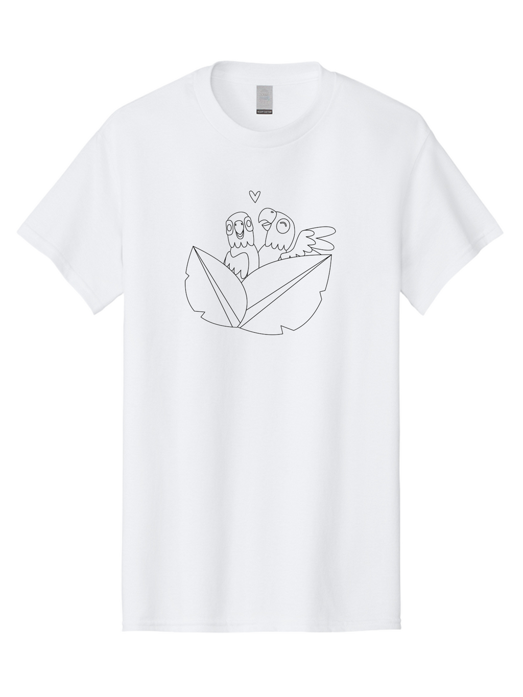 Love-Birds-1 Men'S Graphic Tee, 100% Cotton, Comfortable Casual Summer Wear, Machine Washable, Two Birds Perched On Leaves, Love Heart Symbol, Adorable Cartoon Birds, Sweet Couple, Tender Moment, Lovable Animals, Coloring Page Art Aab834