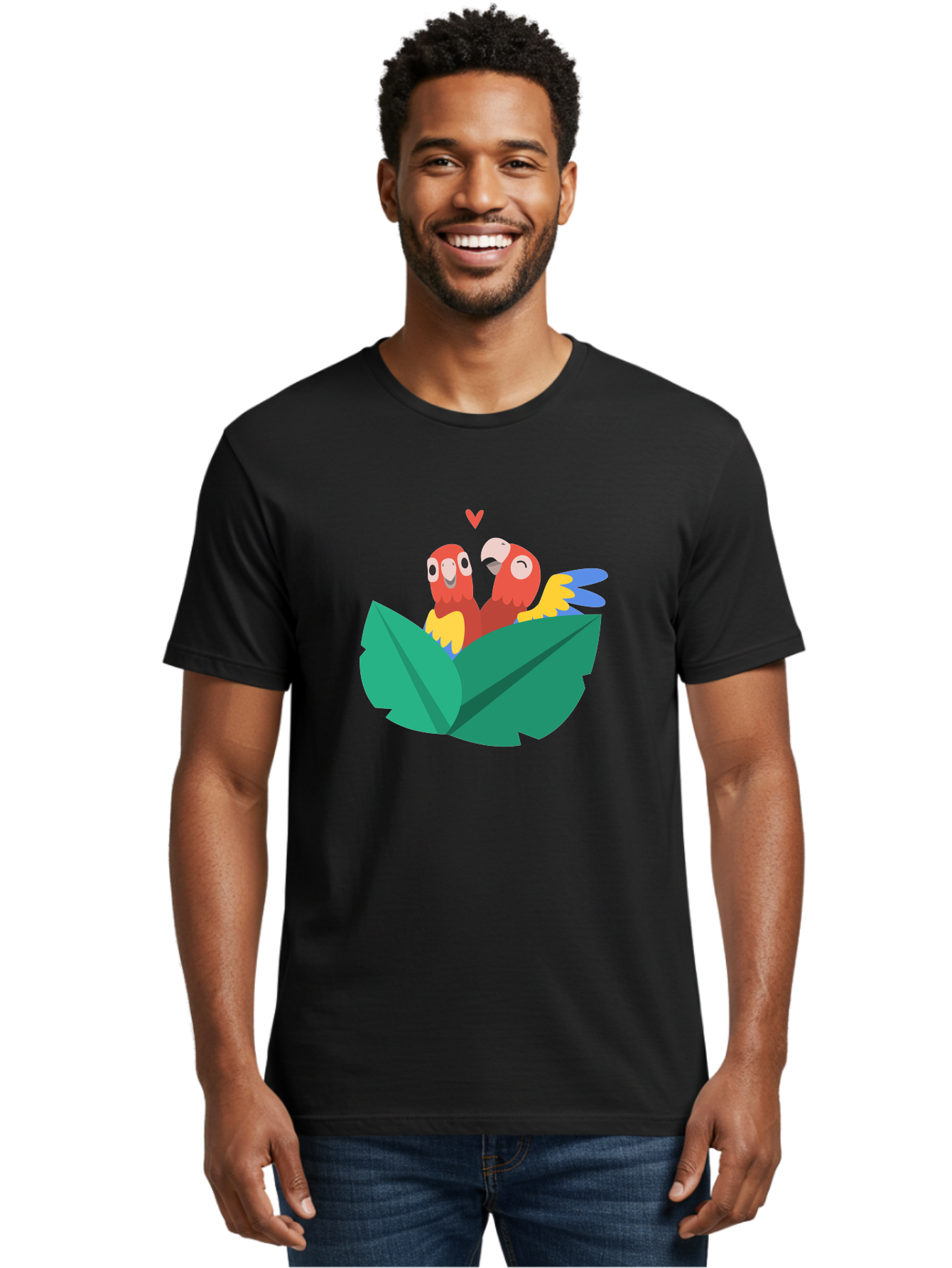Love-Birds Men'S Graphic Tee, 100% Cotton, Comfortable Casual Summer Wear, Machine Washable, Cartoon Parrots, Red Parrots, Bird Couple, Love Birds, Tropical Birds, Colorful Feathers, Green Leaves, Red Heart, Yellow Beaks, Blue Wings Aab835