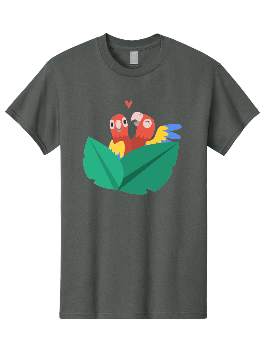 Love-Birds Men'S Graphic Tee, 100% Cotton, Comfortable Casual Summer Wear, Machine Washable, Cartoon Parrots, Red Parrots, Bird Couple, Love Birds, Tropical Birds, Colorful Feathers, Green Leaves, Red Heart, Yellow Beaks, Blue Wings Aab835