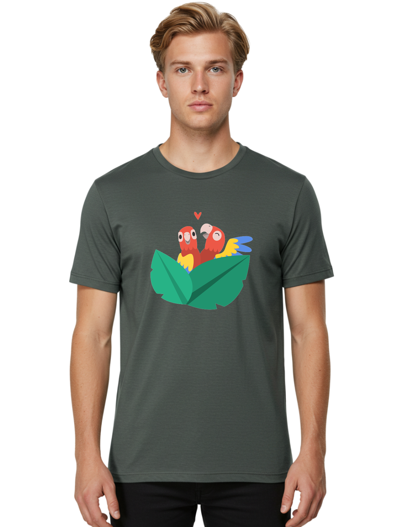 Love-Birds Men'S Graphic Tee, 100% Cotton, Comfortable Casual Summer Wear, Machine Washable, Cartoon Parrots, Red Parrots, Bird Couple, Love Birds, Tropical Birds, Colorful Feathers, Green Leaves, Red Heart, Yellow Beaks, Blue Wings Aab835