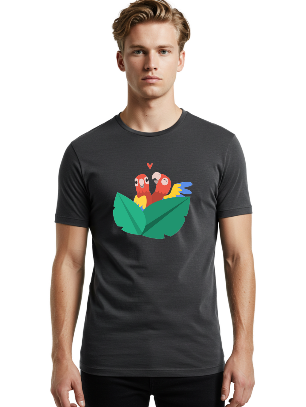 Love-Birds Men'S Graphic Tee, 100% Cotton, Comfortable Casual Summer Wear, Machine Washable, Cartoon Parrots, Red Parrots, Bird Couple, Love Birds, Tropical Birds, Colorful Feathers, Green Leaves, Red Heart, Yellow Beaks, Blue Wings Aab835