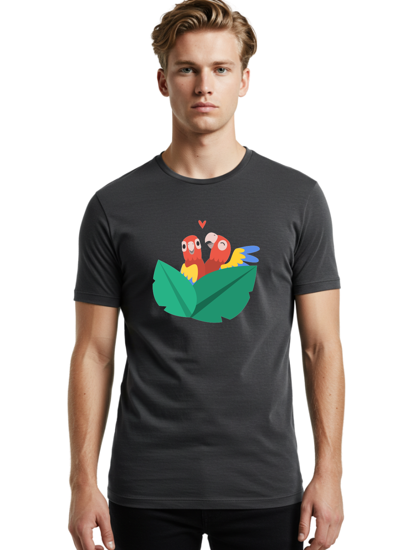 Love-Birds Men'S Graphic Tee, 100% Cotton, Comfortable Casual Summer Wear, Machine Washable, Cartoon Parrots, Red Parrots, Bird Couple, Love Birds, Tropical Birds, Colorful Feathers, Green Leaves, Red Heart, Yellow Beaks, Blue Wings Aab835