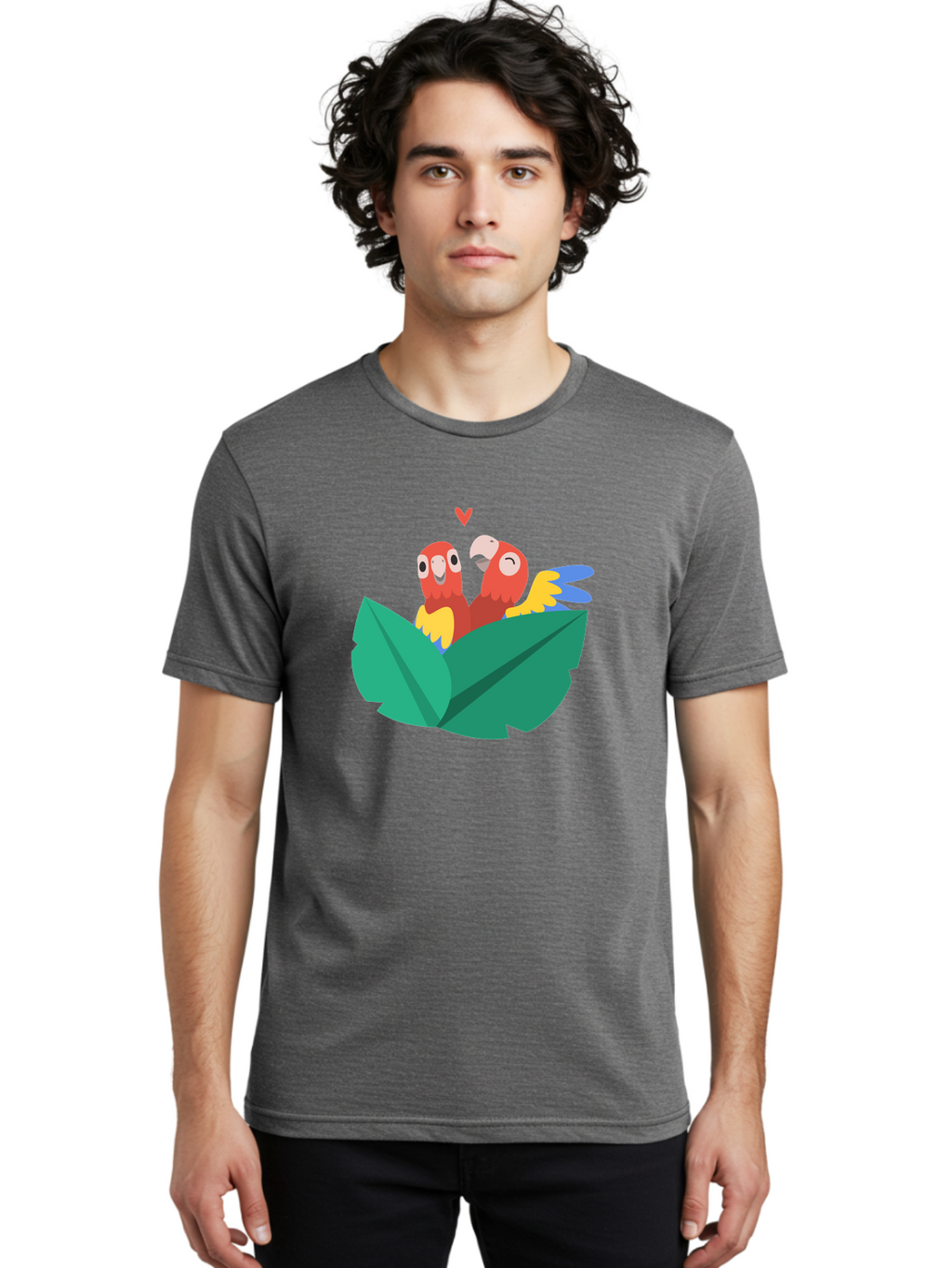 Love-Birds Men'S Graphic Tee, 100% Cotton, Comfortable Casual Summer Wear, Machine Washable, Cartoon Parrots, Red Parrots, Bird Couple, Love Birds, Tropical Birds, Colorful Feathers, Green Leaves, Red Heart, Yellow Beaks, Blue Wings Aab835