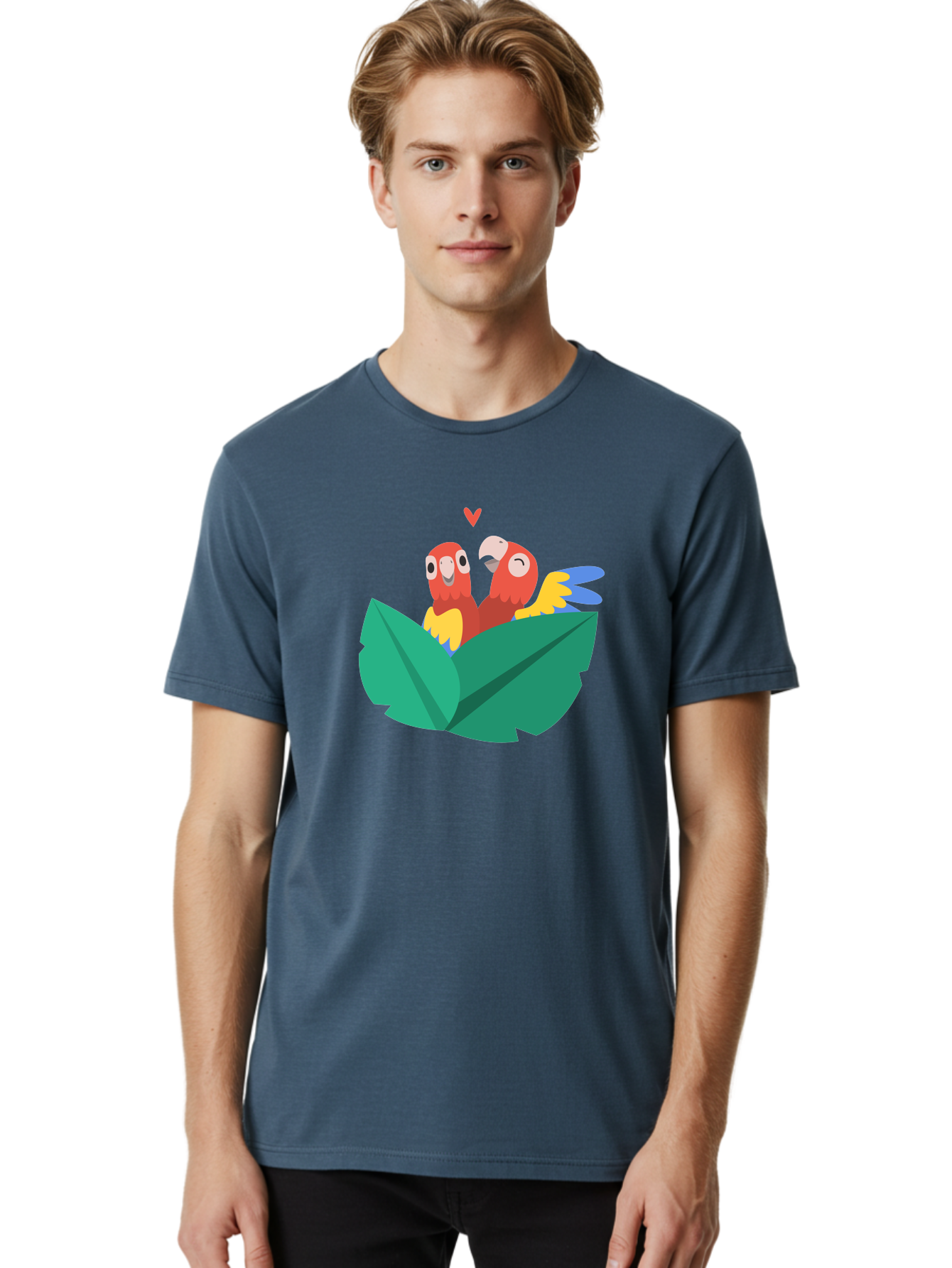Love-Birds Men'S Graphic Tee, 100% Cotton, Comfortable Casual Summer Wear, Machine Washable, Cartoon Parrots, Red Parrots, Bird Couple, Love Birds, Tropical Birds, Colorful Feathers, Green Leaves, Red Heart, Yellow Beaks, Blue Wings Aab835