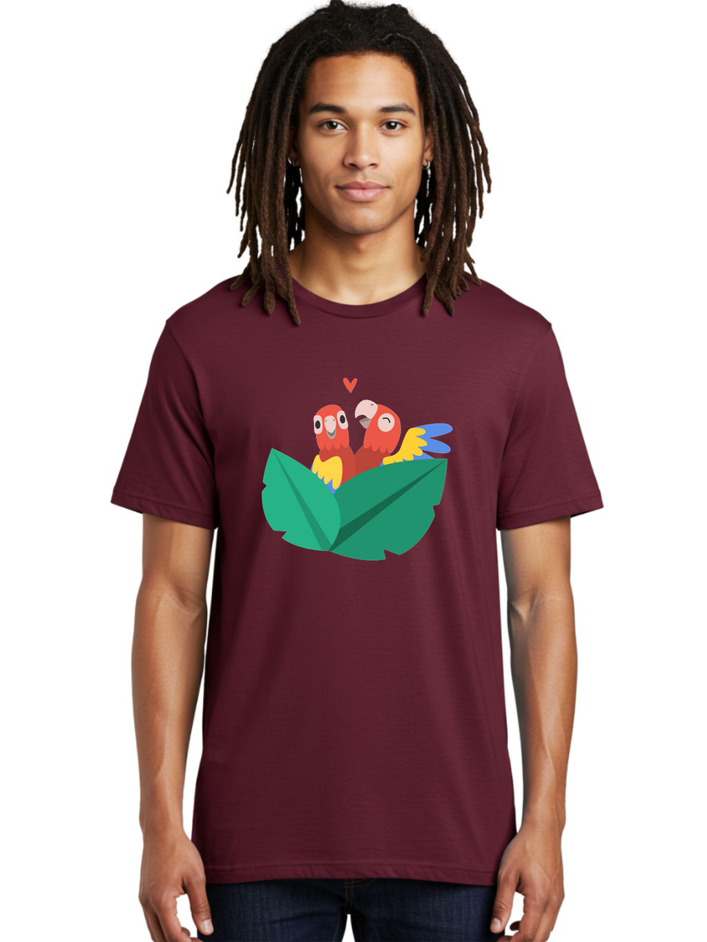 Love-Birds Men'S Graphic Tee, 100% Cotton, Comfortable Casual Summer Wear, Machine Washable, Cartoon Parrots, Red Parrots, Bird Couple, Love Birds, Tropical Birds, Colorful Feathers, Green Leaves, Red Heart, Yellow Beaks, Blue Wings Aab835