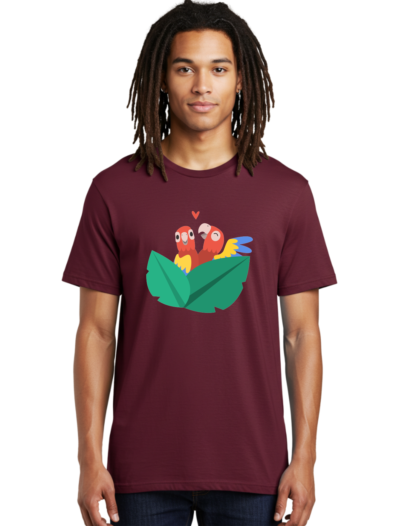 Love-Birds Men'S Graphic Tee, 100% Cotton, Comfortable Casual Summer Wear, Machine Washable, Cartoon Parrots, Red Parrots, Bird Couple, Love Birds, Tropical Birds, Colorful Feathers, Green Leaves, Red Heart, Yellow Beaks, Blue Wings Aab835