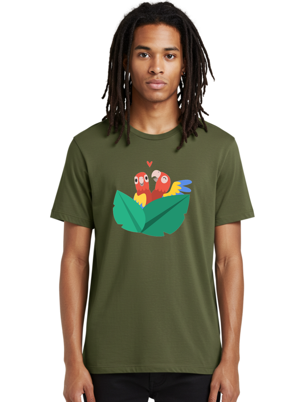Love-Birds Men'S Graphic Tee, 100% Cotton, Comfortable Casual Summer Wear, Machine Washable, Cartoon Parrots, Red Parrots, Bird Couple, Love Birds, Tropical Birds, Colorful Feathers, Green Leaves, Red Heart, Yellow Beaks, Blue Wings Aab835