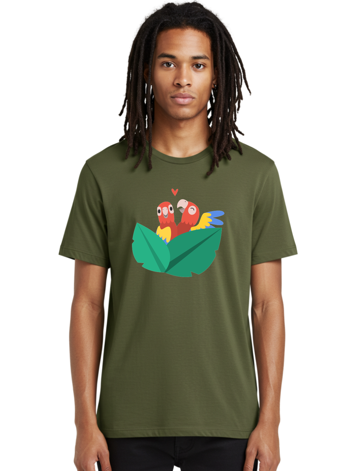 Love-Birds Men'S Graphic Tee, 100% Cotton, Comfortable Casual Summer Wear, Machine Washable, Cartoon Parrots, Red Parrots, Bird Couple, Love Birds, Tropical Birds, Colorful Feathers, Green Leaves, Red Heart, Yellow Beaks, Blue Wings Aab835
