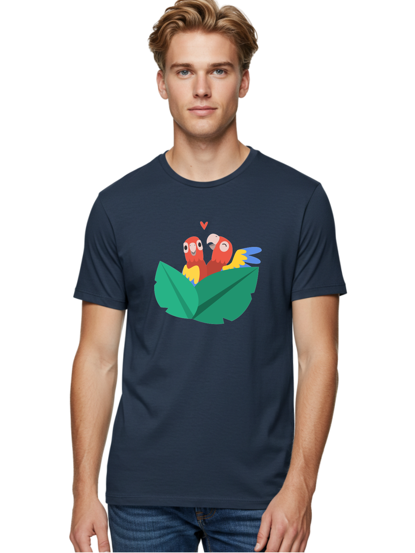 Love-Birds Men'S Graphic Tee, 100% Cotton, Comfortable Casual Summer Wear, Machine Washable, Cartoon Parrots, Red Parrots, Bird Couple, Love Birds, Tropical Birds, Colorful Feathers, Green Leaves, Red Heart, Yellow Beaks, Blue Wings Aab835