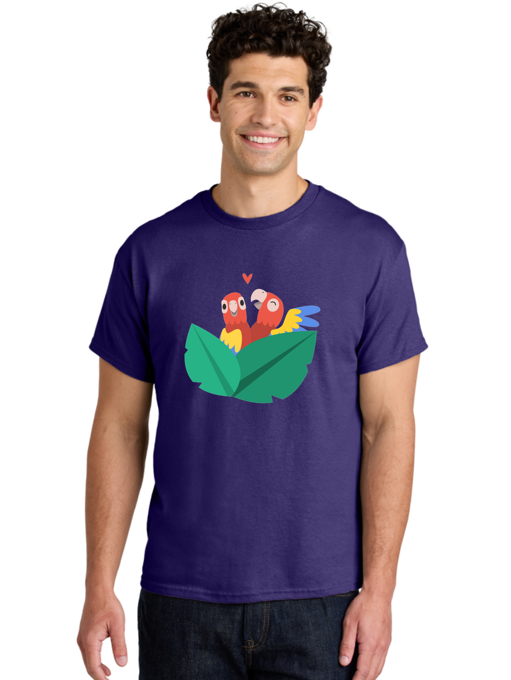 Love-Birds Men'S Graphic Tee, 100% Cotton, Comfortable Casual Summer Wear, Machine Washable, Cartoon Parrots, Red Parrots, Bird Couple, Love Birds, Tropical Birds, Colorful Feathers, Green Leaves, Red Heart, Yellow Beaks, Blue Wings Aab835