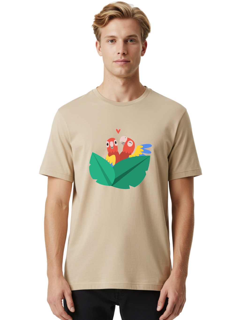 Love-Birds Men'S Graphic Tee, 100% Cotton, Comfortable Casual Summer Wear, Machine Washable, Cartoon Parrots, Red Parrots, Bird Couple, Love Birds, Tropical Birds, Colorful Feathers, Green Leaves, Red Heart, Yellow Beaks, Blue Wings Aab835