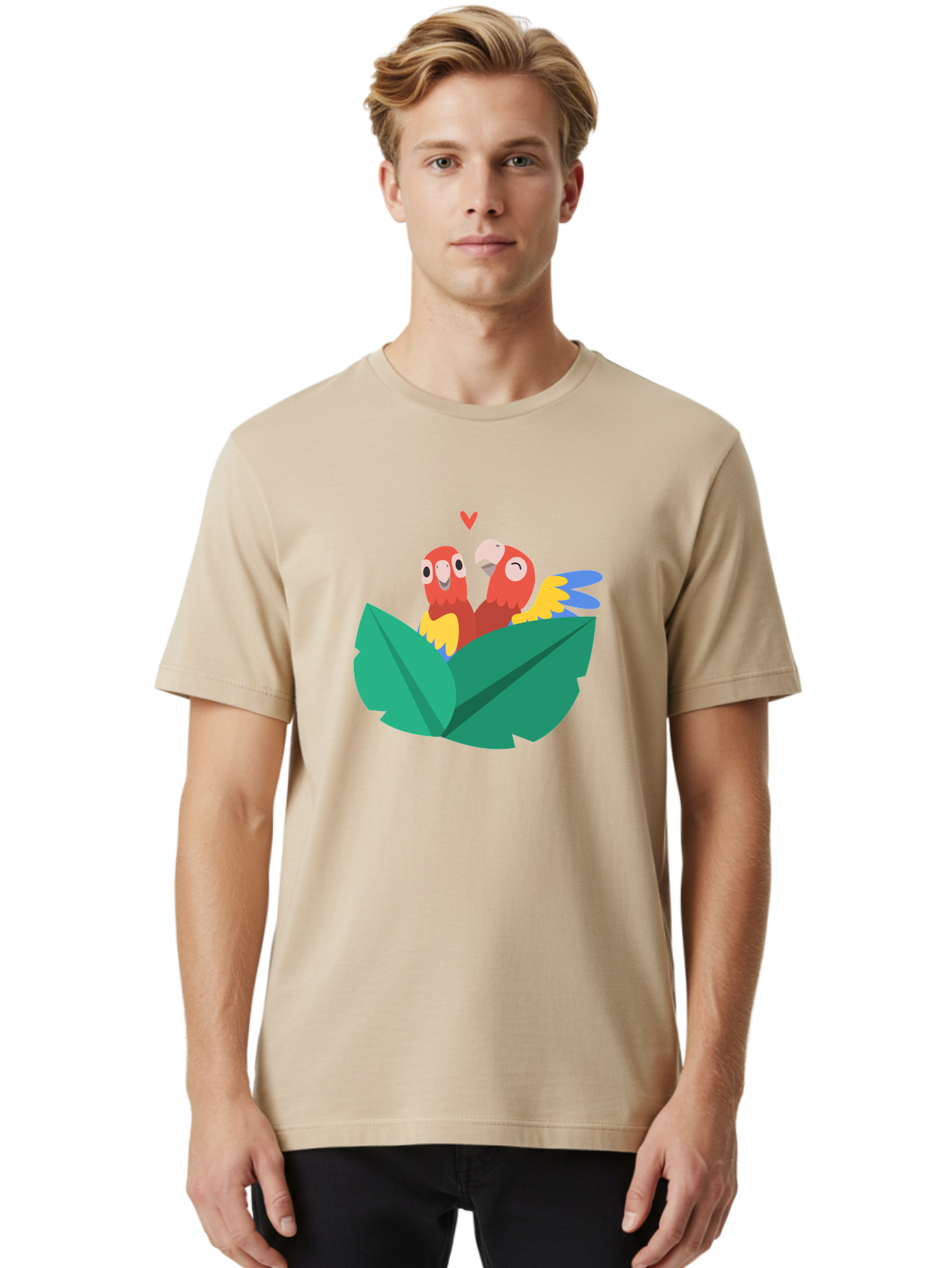Love-Birds Men'S Graphic Tee, 100% Cotton, Comfortable Casual Summer Wear, Machine Washable, Cartoon Parrots, Red Parrots, Bird Couple, Love Birds, Tropical Birds, Colorful Feathers, Green Leaves, Red Heart, Yellow Beaks, Blue Wings Aab835
