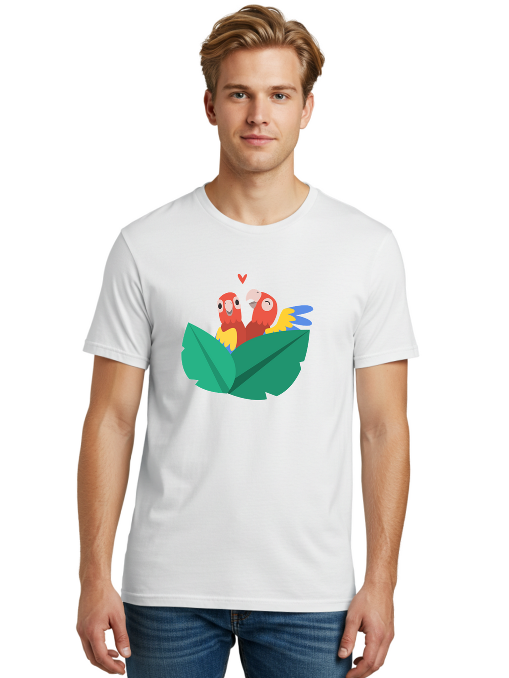 Love-Birds Men'S Graphic Tee, 100% Cotton, Comfortable Casual Summer Wear, Machine Washable, Cartoon Parrots, Red Parrots, Bird Couple, Love Birds, Tropical Birds, Colorful Feathers, Green Leaves, Red Heart, Yellow Beaks, Blue Wings Aab835