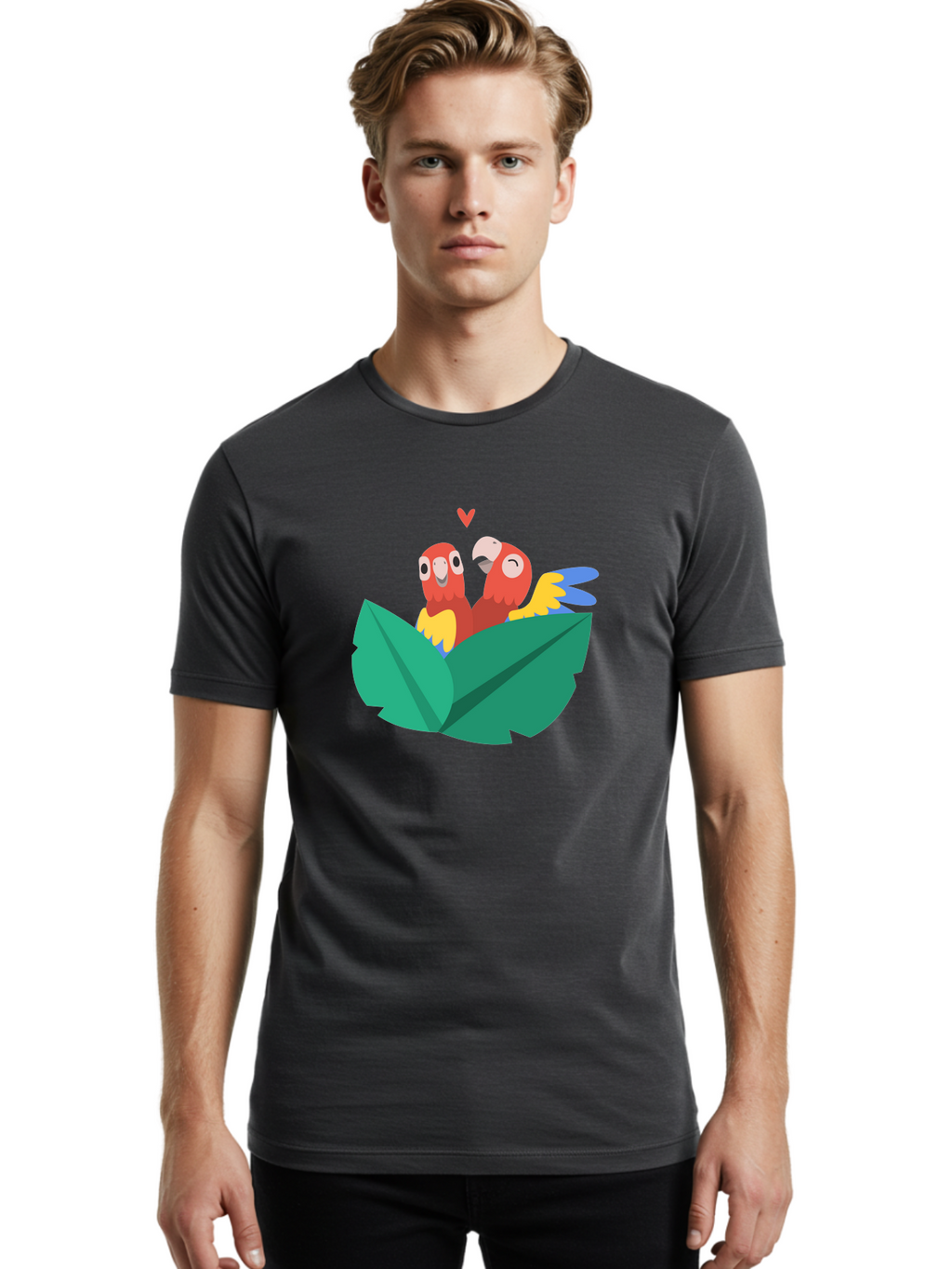 Lovebirds-Parrots Men'S Graphic Tee, 100% Cotton, Comfortable Casual Summer Wear, Machine Washable, Two Parrots, Red Parrots, Yellow And Blue Wings, Love Birds, Cartoon Parrots, Parrot Couple, Parrot Love, Bird Lovers Aab837