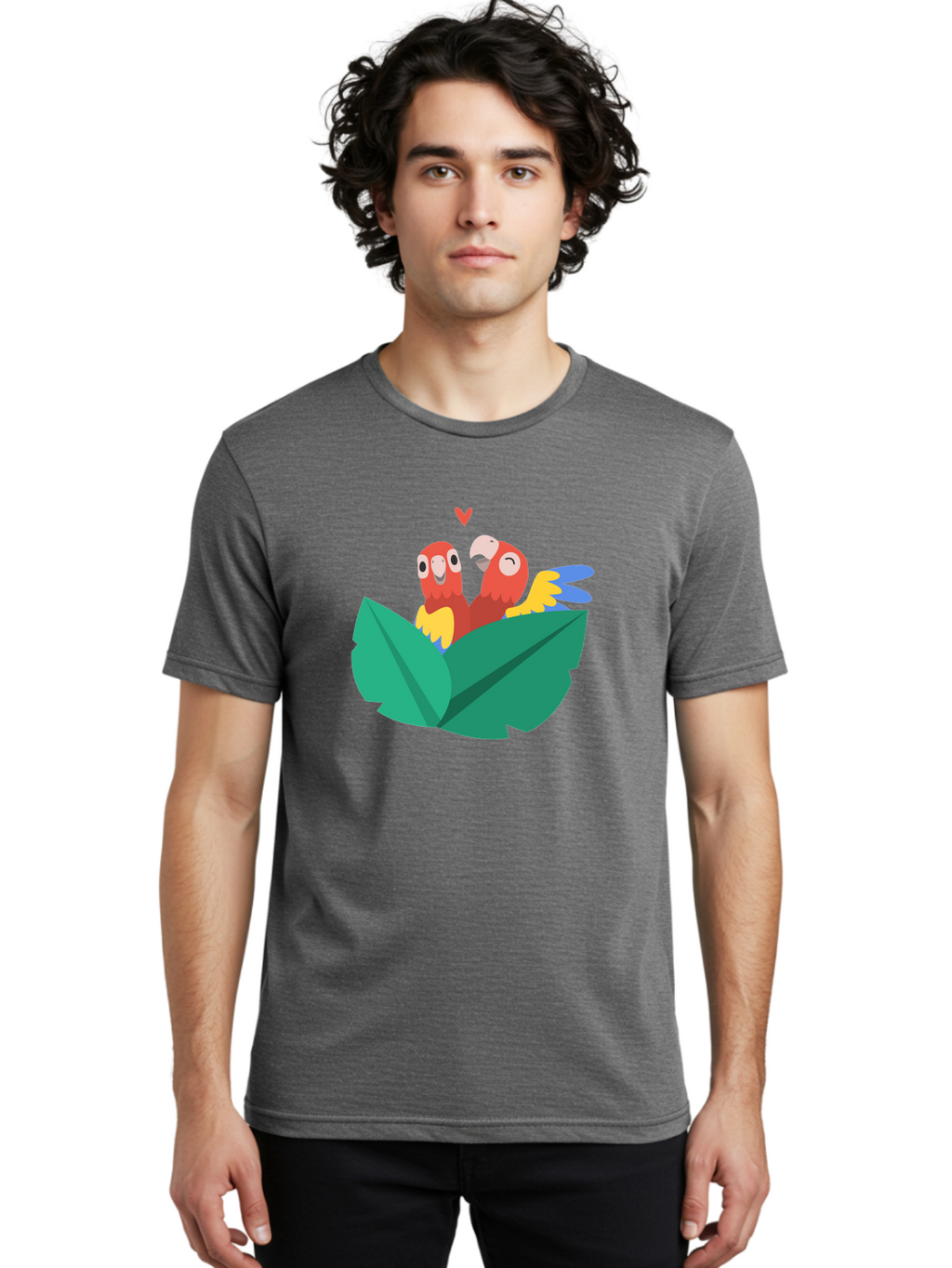Lovebirds-Parrots Men'S Graphic Tee, 100% Cotton, Comfortable Casual Summer Wear, Machine Washable, Two Parrots, Red Parrots, Yellow And Blue Wings, Love Birds, Cartoon Parrots, Parrot Couple, Parrot Love, Bird Lovers Aab837