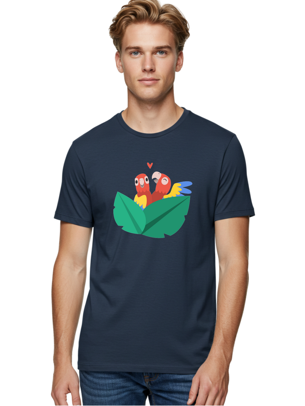 Lovebirds-Parrots Men'S Graphic Tee, 100% Cotton, Comfortable Casual Summer Wear, Machine Washable, Two Parrots, Red Parrots, Yellow And Blue Wings, Love Birds, Cartoon Parrots, Parrot Couple, Parrot Love, Bird Lovers Aab837