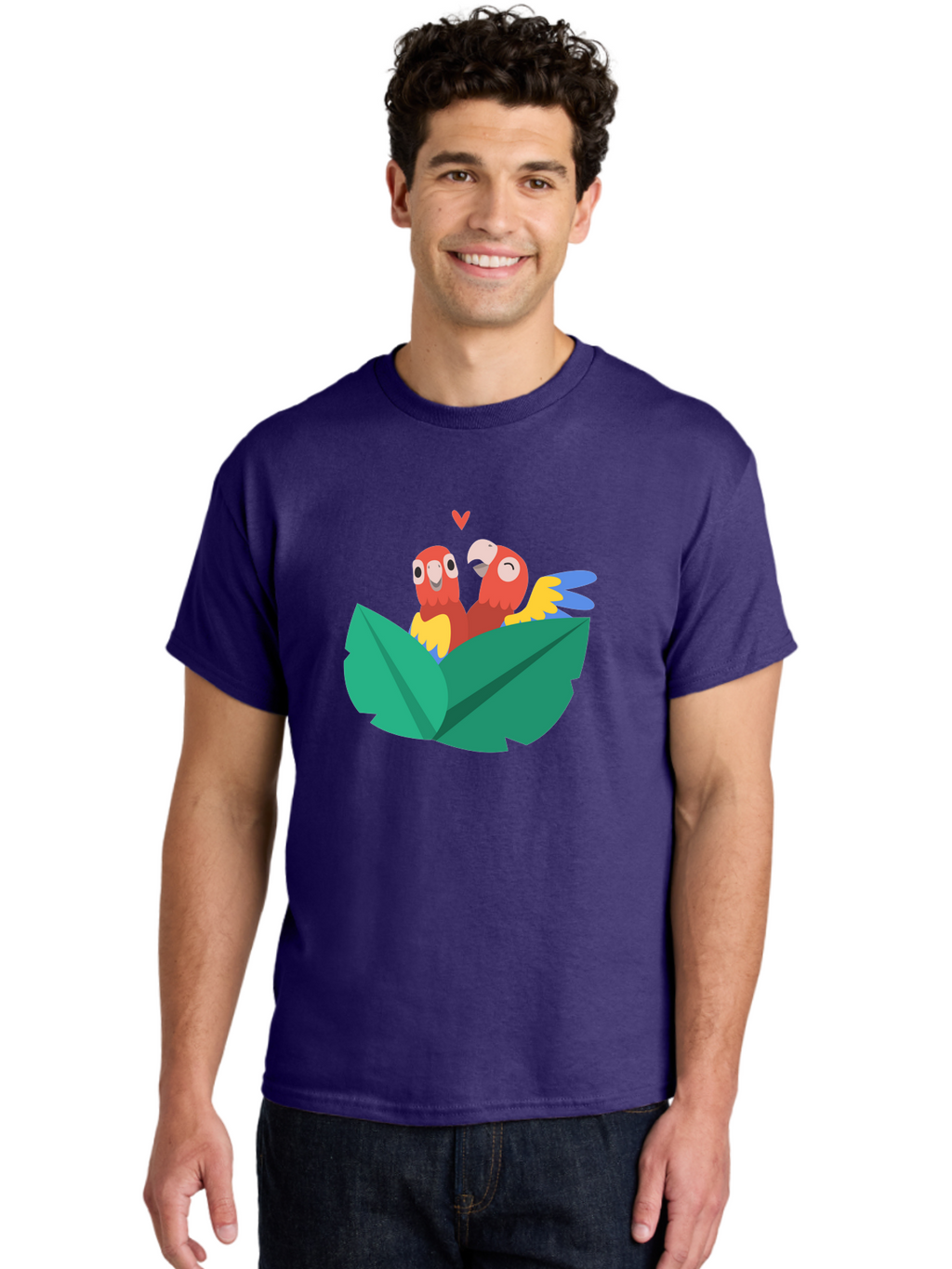 Lovebirds-Parrots Men'S Graphic Tee, 100% Cotton, Comfortable Casual Summer Wear, Machine Washable, Two Parrots, Red Parrots, Yellow And Blue Wings, Love Birds, Cartoon Parrots, Parrot Couple, Parrot Love, Bird Lovers Aab837