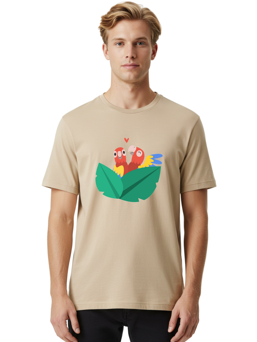 Lovebirds-Parrots Men'S Graphic Tee, 100% Cotton, Comfortable Casual Summer Wear, Machine Washable, Two Parrots, Red Parrots, Yellow And Blue Wings, Love Birds, Cartoon Parrots, Parrot Couple, Parrot Love, Bird Lovers Aab837