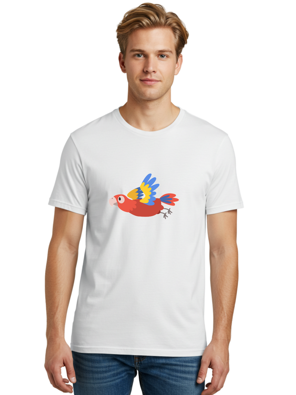 Macaw-1 Men'S Graphic Tee, 100% Cotton, Comfortable Casual Summer Wear, Machine Washable, Red, Blue And Yellow Macaw, Colorful Parrot, Vibrant Plumage, Tropical Bird, Cartoon Style, Flying Macaw, Parrot Illustration Aab838