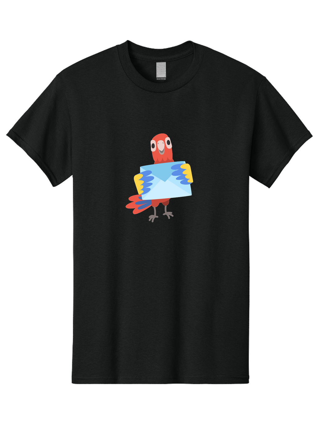 Mail-Parrot Men'S Graphic Tee, 100% Cotton, Comfortable Casual Summer Wear, Machine Washable, Colorful Cartoon Parrot, Red And Blue Bird, Email Symbol, Envelope Icon, Vibrant Plumage, Playful Illustration, Bird Holding Letter Aab841