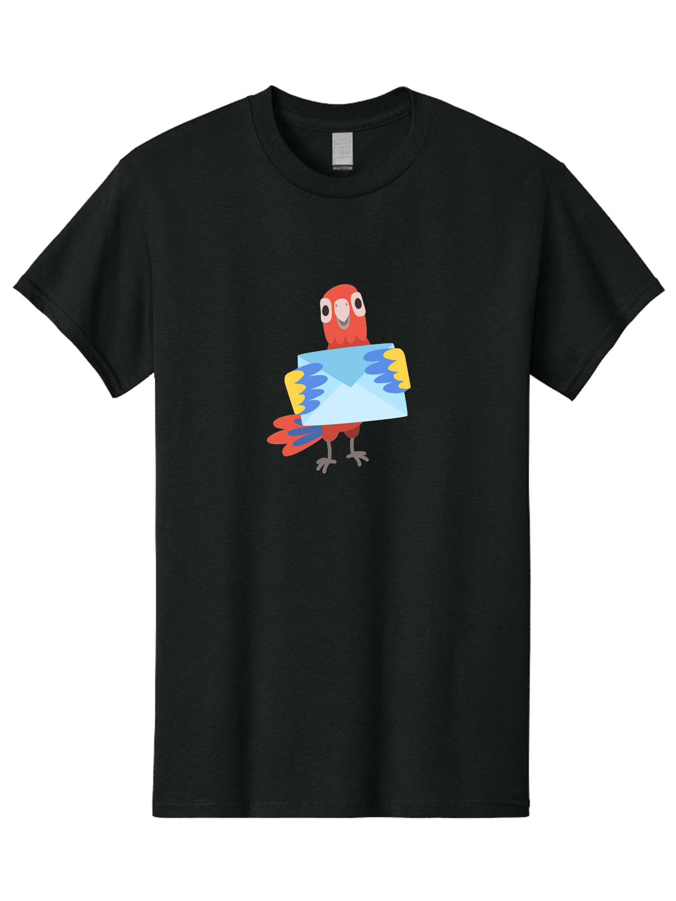 Mail-Parrot Men'S Graphic Tee, 100% Cotton, Comfortable Casual Summer Wear, Machine Washable, Colorful Cartoon Parrot, Red And Blue Bird, Email Symbol, Envelope Icon, Vibrant Plumage, Playful Illustration, Bird Holding Letter Aab841
