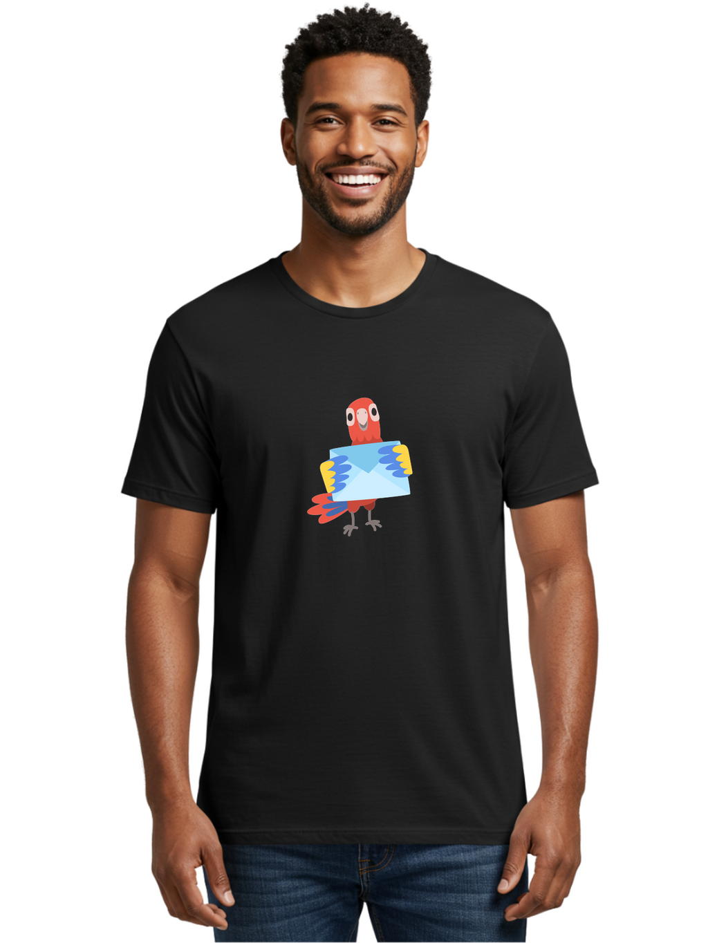Mail-Parrot Men'S Graphic Tee, 100% Cotton, Comfortable Casual Summer Wear, Machine Washable, Colorful Cartoon Parrot, Red And Blue Bird, Email Symbol, Envelope Icon, Vibrant Plumage, Playful Illustration, Bird Holding Letter Aab841