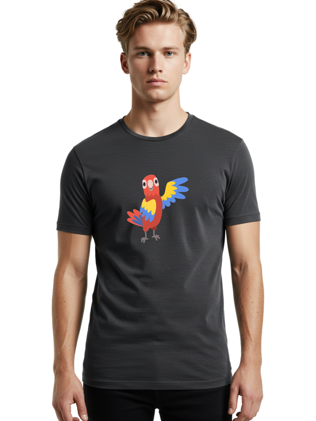 Parrot-1 Men'S Graphic Tee, 100% Cotton, Comfortable Casual Summer Wear, Machine Washable, Colorful Parrot, Cartoon Bird, Vibrant Red, Yellow, Blue Hues, Playful Wings, Happy Expression, Animated Character, Whimsical Design, Quirky Style Aab847