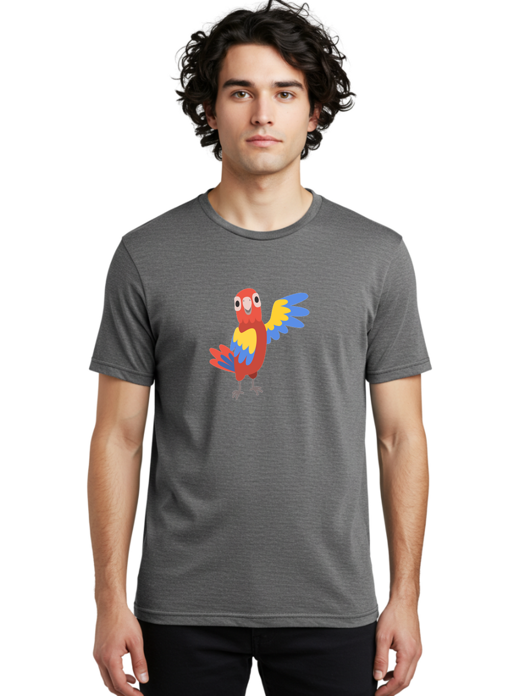 Parrot-1 Men'S Graphic Tee, 100% Cotton, Comfortable Casual Summer Wear, Machine Washable, Colorful Parrot, Cartoon Bird, Vibrant Red, Yellow, Blue Hues, Playful Wings, Happy Expression, Animated Character, Whimsical Design, Quirky Style Aab847